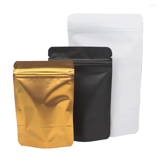 Confezione regalo Nero opaco Oro bianco Foglio di alluminio Stand Up Borse in Mylar Borsa richiudibile per caffè, tè e polvere con cerniera