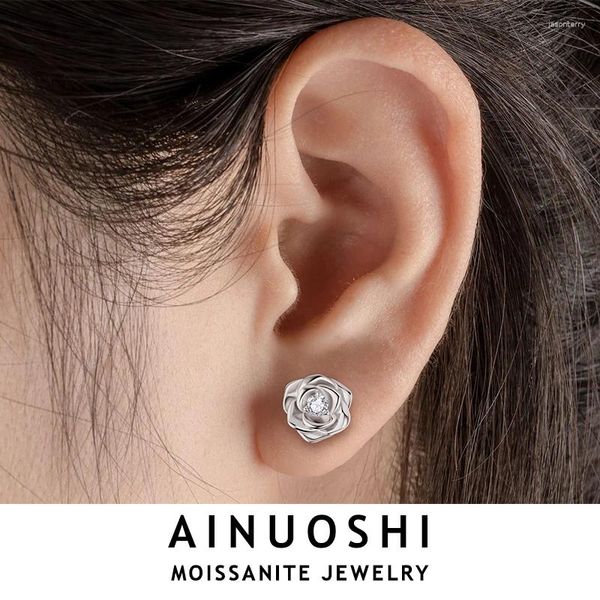 Orecchini con perno AINUOSHI 3MM 0.1CT Orecchino a forma di fiore di Moissanite con taglio rotondo Originale Argento sterling 925 per le donne Gioielli di San Valentino