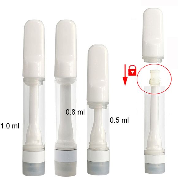 Vollkeramikwagen, 0,5 ml, 1 ml, dicke Ölzerstäuber, Vape-Kartuschen, E-Zigarette, leerer Glastank, Keramikspulen-Verdampfer, 2 Löcher, 510 Gewinde, Einpressspitzen, bleifreie Wagen