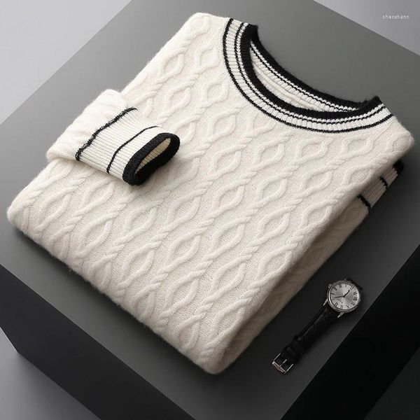 Herrenpullover Herbst und Winter Merinowolle O-Ausschnitt Pullover Schwarz Weiß Streifen Kontrast Dickes Strick-Bottom-Shirt