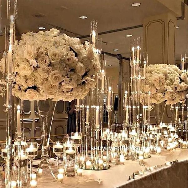 Decoração de festa estilo cristal claro candelabros peças centrais de casamento 8 braços suporte de vela acrílico para mesa 1416296z