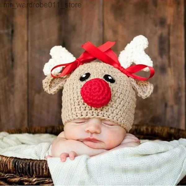 Berretti Cappelli Cappello da bambino di Natale Adorabile renna Berretto all'uncinetto a mano Neonato Ragazzo Ragazza Cappelli da maglia Puntelli per foto Cofano lavorato a maglia Natale Babbo Natale Q231216