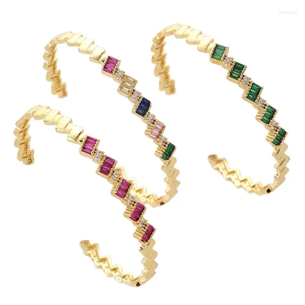 Strand arco-íris manguito pulseiras para mulheres colorido ajustável incrustado zircão cúbico baguette pulseira de luxo aberto jewerly