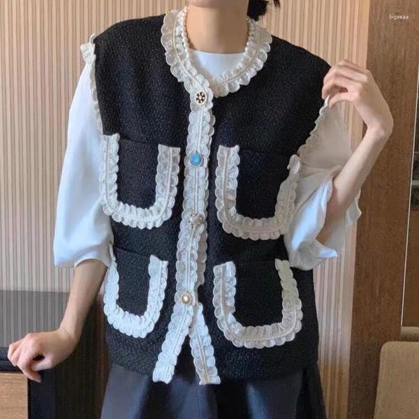 Gilet da donna Autunno Vintage Piccola fragranza Girocollo con bottoni in pizzo a contrasto Gilet Cappotto Chic Giacca di tweed nero Chalecos Mujer Gilet Top