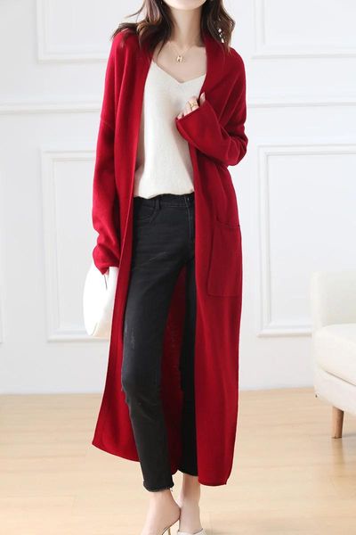 Vestidos venda quente outono inverno novo 100% lã cardigan camisola feminina cor sólida moda longo feminino solto macio malha tamanho grande