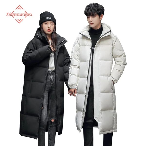 Homens para baixo parkas versão coreana homens jaqueta sobre o joelho engrossar longo casaco de pato casais com capuz quente inverno amantes roupas mulheres 231215