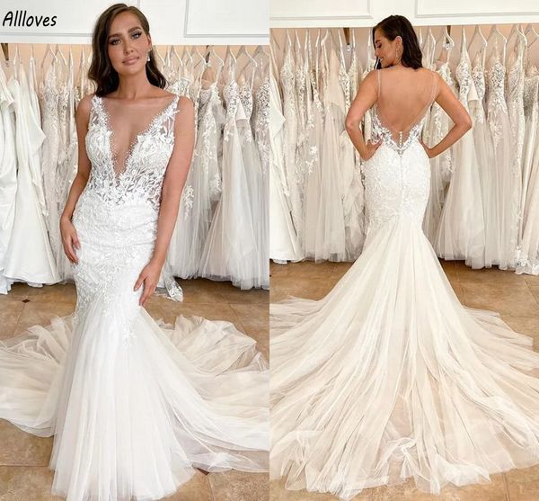 Abiti da sposa sirena in pizzo bohémien che immergono a v manico abiti da sposa sexy senza spicco abito di tulle abito di ricevimento di nozze rustico per la sposa olestidos taglie forti cl3076