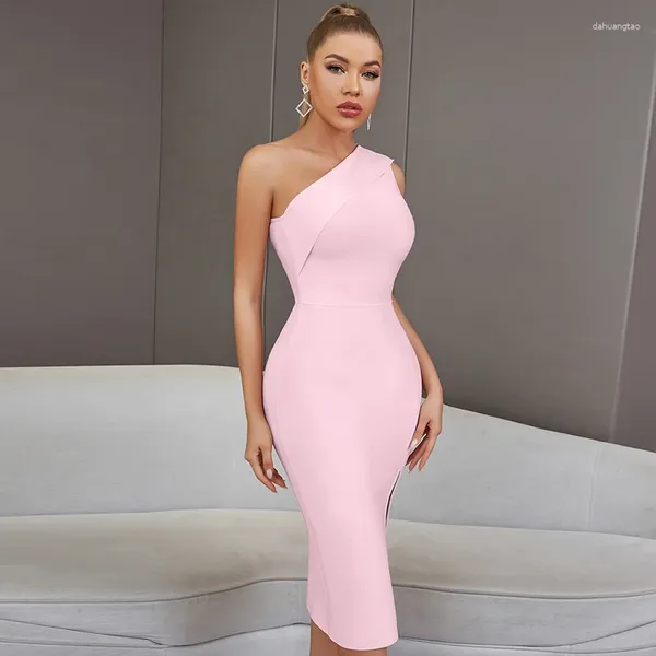 Freizeitkleider Großhandel Damen Stretch Strick Rosa Elastisch Eng Mittellang Sexy One Shoulder Abend Promi Cocktailparty Bandag Kleid