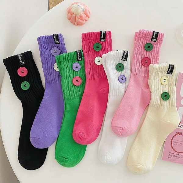 Kadın Socks Girls Solid Candy Renk Ayak Bileği Düğme Tasarım Orta Tüp Pamuk Pamuk Sıradan Nefes Alabilir