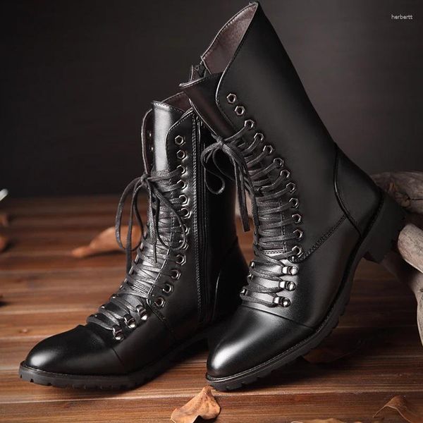 Stiefel Koreanischen Stil Mens Echtes Leder Boot Lace-up High Top Schuhe Nachtclub Motorrad Botas Masculinas Botines Hombre Bottes
