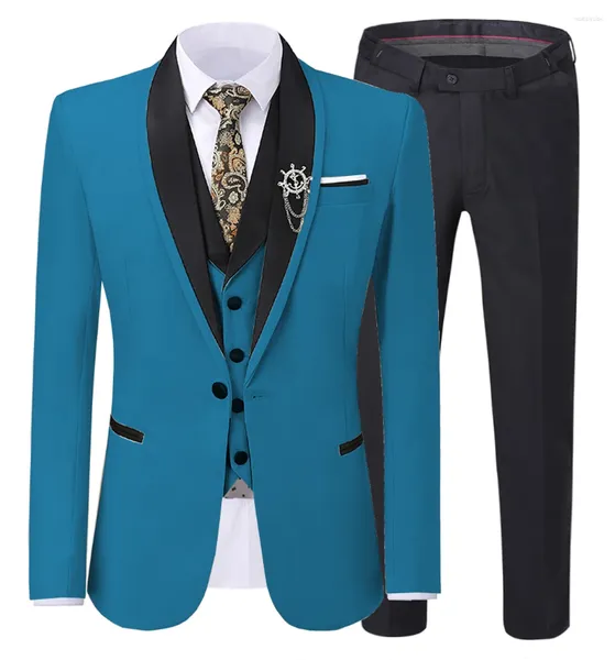 Erkekler Takım Damat Gelinlik Mavi Klasik Resmi İş Takımı Üç Parçalı Set (Blazer Vest Pantolon)