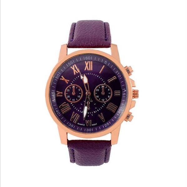 Elegante roxo senhoras relógio retro geneva estudante relógios de quartzo relógios de pulso femininos com couro strap251z