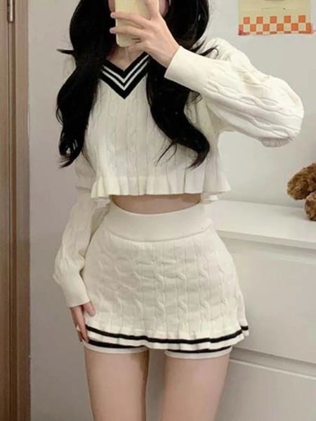 Vestido de duas peças moda coreana y2k 2 conjunto mulher casual tricô camisola tops magro bodycon mini saias elegante terno sólido escritório senhora chique 231215