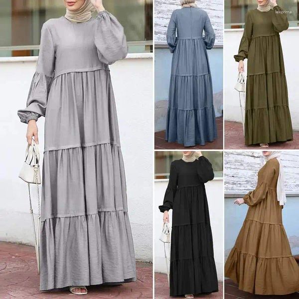 Roupas étnicas Dubai Islam Muçulmano Ramadan Flounce Bolo Vestido Mulheres Soltas Tamanho Grande Lace-up Multi-camada Plissada Kaftan Robe Tornozelo-Comprimento