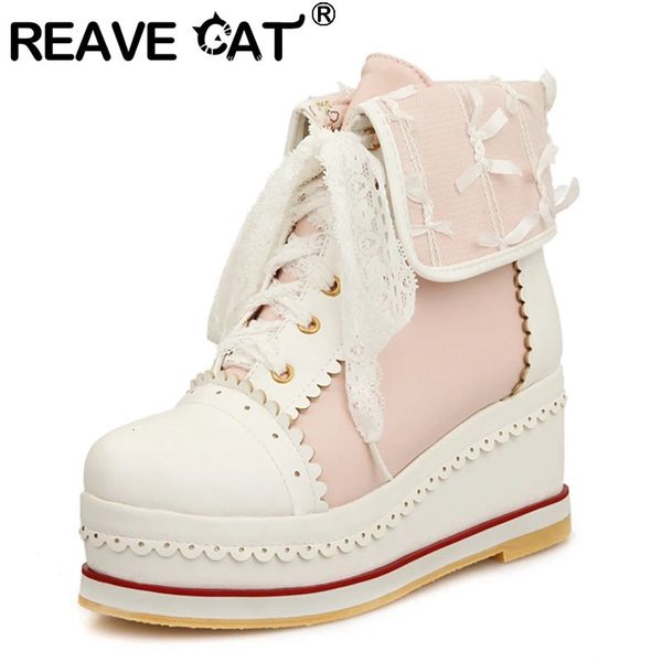 Botas REAVE CAT Doce Ankle Lolita Apliques Plataformas Lace Up Candy Color Cosplay Grosso Sola Sapatos Rosa Bege Vermelho A4523 231216