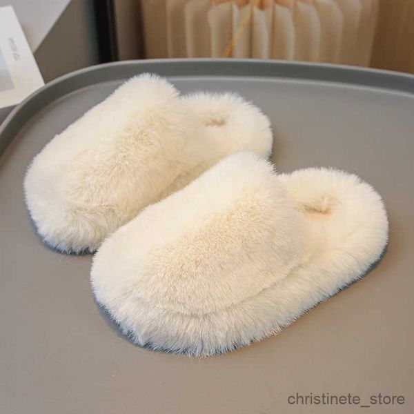 Chinelo novas crianças chinelos de inverno sapatos domésticos para crianças pele quente sapatos internos meninas calçados de pele carneiro branco preto rosa 411l