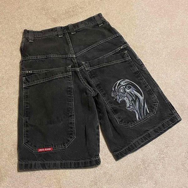 Streetwear jnco calças dos homens hip hop retro esqueleto gráfico baggy denim shorts de ginásio haruku gótico masculino basquete curto