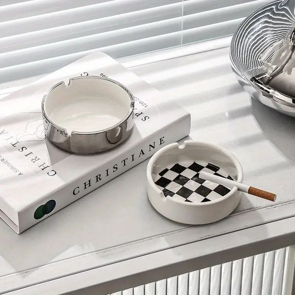 1pc nordic luz luxo prateado cerâmica avançada cinzeiro casa sala de estar escritório tendência personalizado xadrez grade cinzeiro