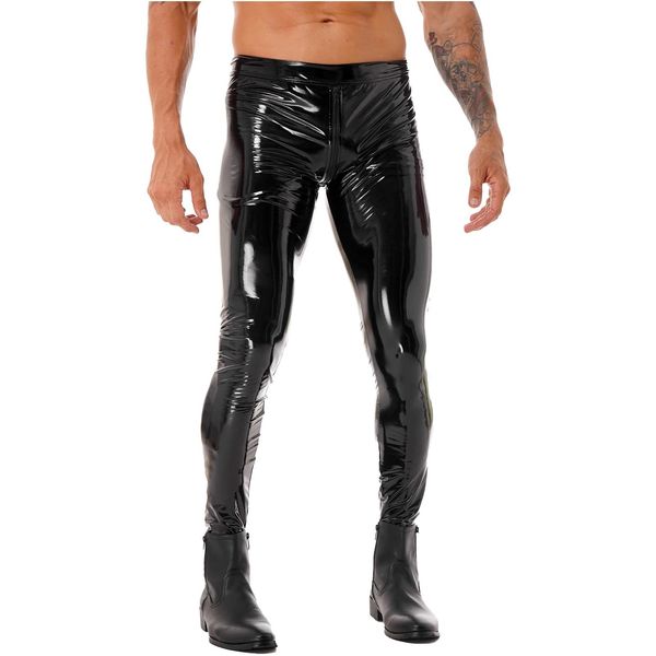 Schwarze Lackleder-Strumpfhose für Herren, Motobiker, schmale Hose, Zwei-Wege-Reißverschluss, Schritthose, männliche Motorrad-Leggings