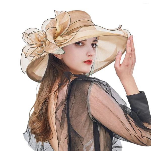 Berretti da donna estivi Cappello da sole Fedora da donna Elegante tesa larga da sposa Fiore di seta Secchiello da spiaggia da sposa Gorras