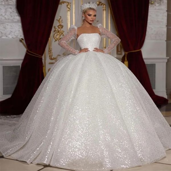 Stunningbride 2024 Bianco Glamour Senza Spalline Collo Bottoni Scintillante Abito da Ballo Abito da Sposa di Lusso Perline Applicazioni Maniche Lunghe Principessa Abito da Sposa