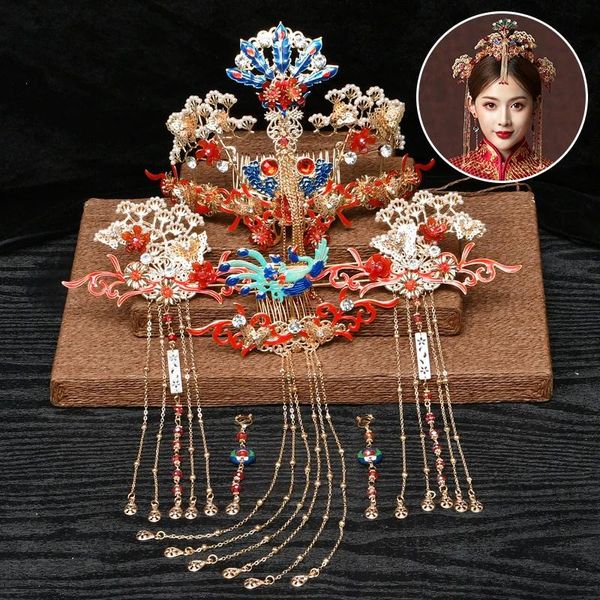 Pulseira acessórios de cabelo de casamento tradicional chinês hairpin ouro cor pente de cabelo bandana vara headdress cabeça jóias nupcial headpiece