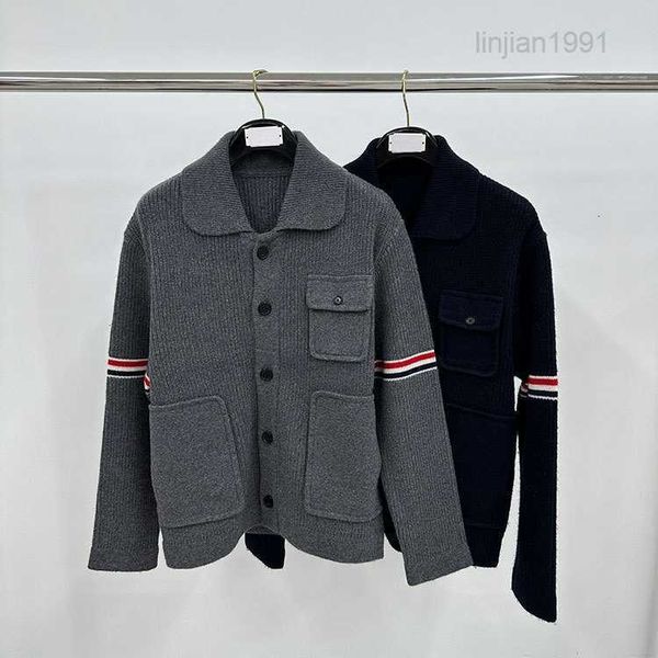 Doğru Versiyon 23FW Sonbahar/Kış Yün Ağır Endüstri Ceket Unisex Polo Tb Örme Süveter Kalınlaştı