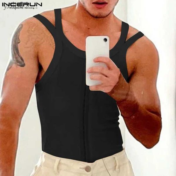 T-shirt da uomo Canotte da uomo O-Collo senza maniche Streetwear Bottone Estate Tinta unita Crop Top Uomo 2023 Fitness Sexy Gilet eleganti S-5XLL231216