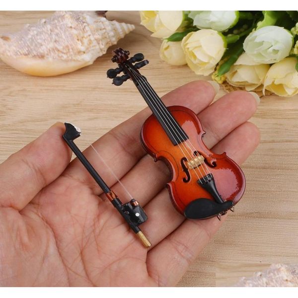 Arti e mestieri Mini violino di alta qualità Versione aggiornata con supporto Collezione di strumenti musicali in legno in miniatura decorativi o Dh5F3