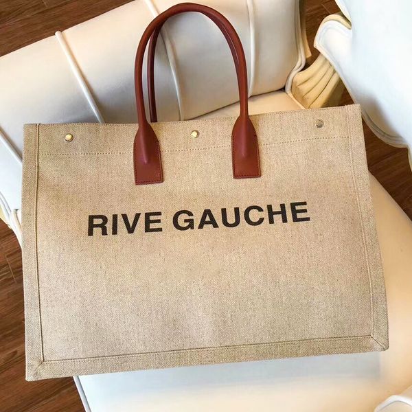 Kadın üstü rive gauche örgü alışveriş çantaları totes hafta sonu erkekler büyük debriyaj keten büyük el çantaları lüks tasarımcı tuval crossbody omuz omuz yaz plaj çantası