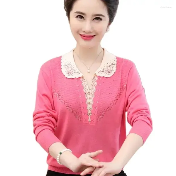Kadın Sweaters Moda Elmas Ayar Sweater Kazak 2024 Orta Yaşlı Yaşlı Anne Örgü İlkbahar Sonbahar Örme T-Shirt Üstleri