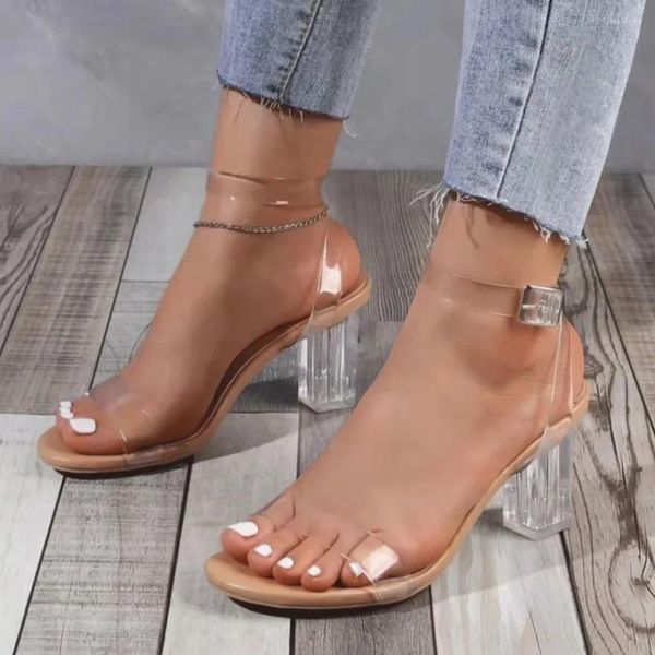 Sandálias femininas pvc cristal salto grosso transparente moda sexy verão salto alto sandalias bombas femininas zapatillas mujer