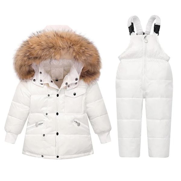 Conjuntos de roupas 2 pcs Rússia inverno crianças snowsuits para bebês meninos meninas pele com capuz para baixo parka casaco macacão grosso crianças roupas quentes 231216