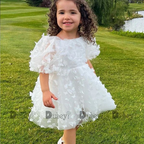 Mädchenkleider Born Baby Mädchen Geburtstagskleid für Kleinkinder Weiß 3D Schmetterling Spitze Partykleid Kinder Puff Zeremonie Vestido 3Y Kleidung 231216