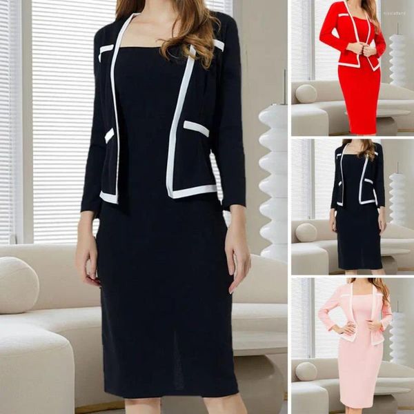 Sıradan Elbise Ofis Midi Elbise Resmi Gider Stili Kadınlar Patchwork ile Kontrast Renk İnce Uygun Üç Çeyrek Kollu Kılıf