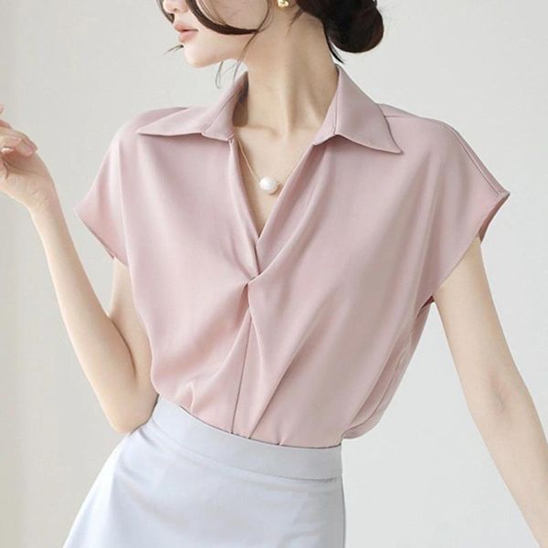 Magliette da donna Camicia a maniche corte stile francese Bavero con scollo a V Catena di perle Design a pieghe Top Temperamento Gentel Wind Pink Tees per le donne