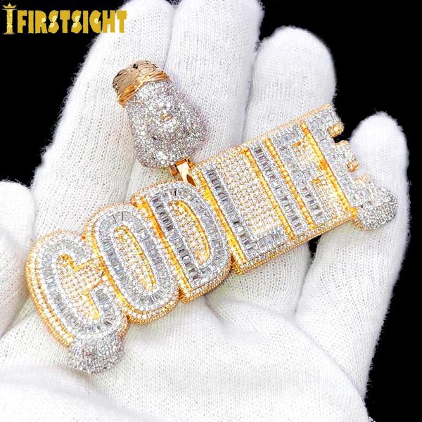 Ожерелья с подвесками Iced Out Bling CZ Буква Бога Жизнь Ожерелье Прямоугольник 5А Цирконий Религия Иисус Мужчины Женщины Хип-Хоп Ювелирные Изделия 231216