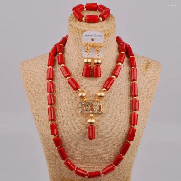 Collana orecchini set ultime perle di corallo nigeriano matrimonio africano rosso / bianco / arancione nuziale 2R-D-02