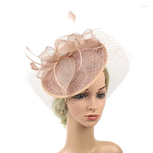 Elegante feminino sinamay chapéu pena bandana renda flor festa real ascot acessórios para o cabelo headwear