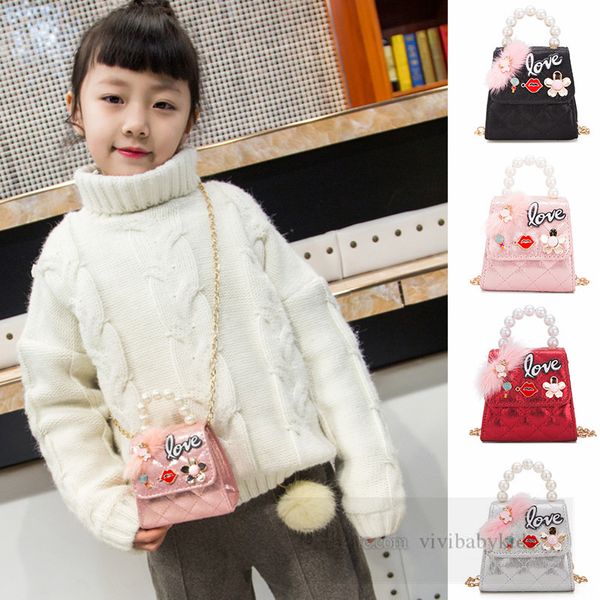 Borse a catena di perle per bambini ragazze peluche gatto fiore lettera applique per labbra una borsa a tracolla per bambini borse a tracolla in pelle PU reticolo dimaond Z6078