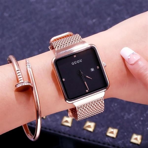 Наручные часы Fahion Guou Лучший бренд с большим квадратным циферблатом, роскошные розовые золотые сетчатые стальные женские повседневные часы с календарем, кварцевые женские281v
