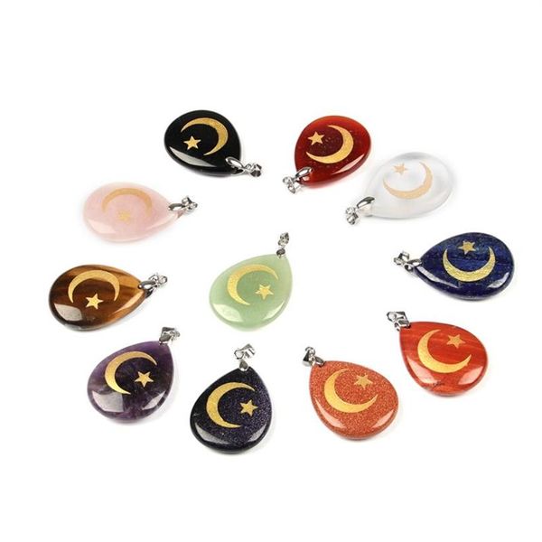 Natürliche Stein Wasser Tropfen Form Aura Anhänger Halskette Gravierte Islamischen Stern Mond Reiki Symbol Muster Anhänger Heilen Kristall Hängen270R