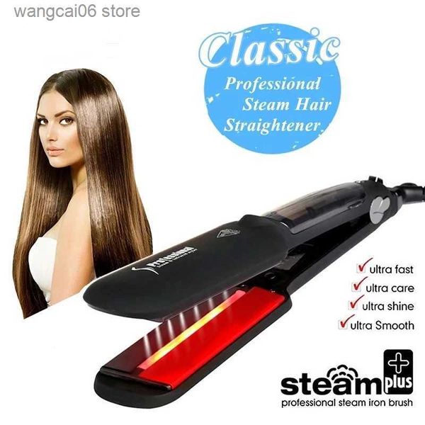 Encrespadores de cabelo Alisadores de cabelo a vapor Alisador de cabelo profissional Cerâmica Vapor Flat Iron Infravermelho Dupla Tensão 2 Inche Placa larga Ferramenta de estilo de aquecimento rápido T231216