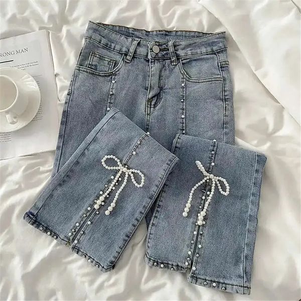 Damen Jeans Herbst Süße Hohe Taille Split Flared Denim Hose Elegant Chic Perlen Schleife Boot Cut Mädchen Vintage Fee 231215