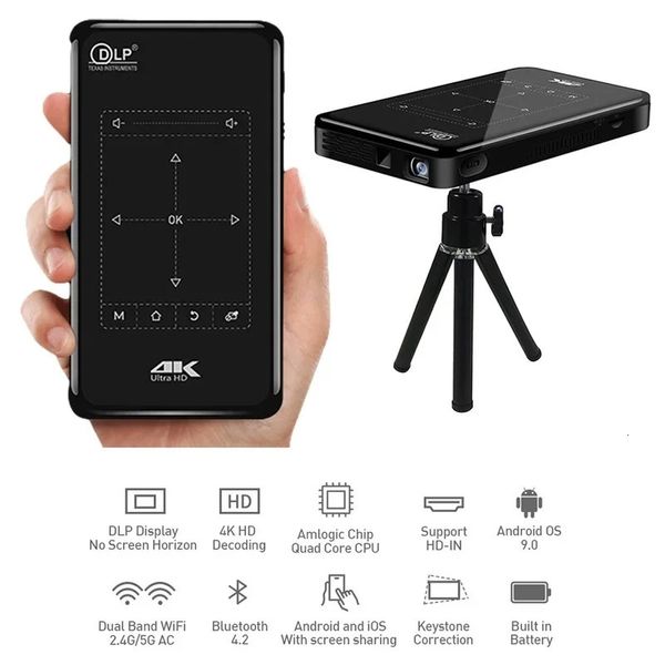 Projektörler P09 II DLP Taşınabilir Mini Projektör Android 90 Dokunmatik Panel Keystone 4K WiFi Bluetooth Ev Sinema Video Tripod 4000ma 231215
