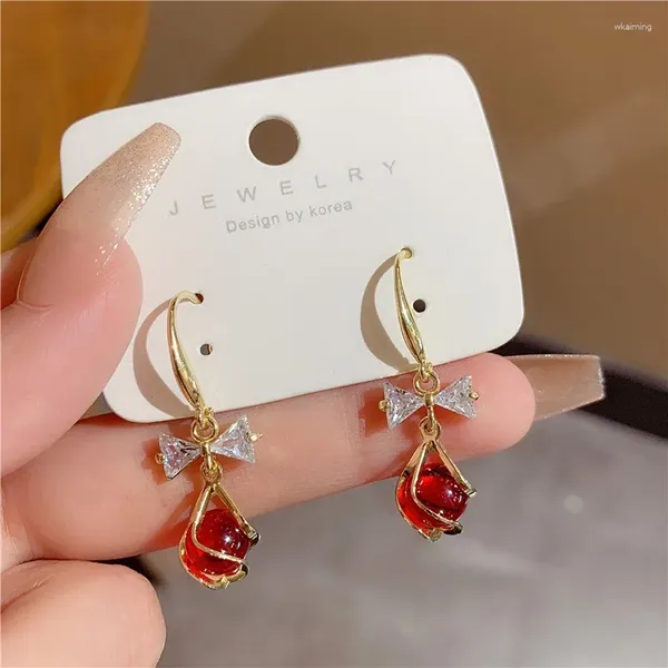 Orecchini penzolanti Opal in stile cinese rosso per donne ragazze dorate Shining Rhinestone Bowknlt Metal Gift