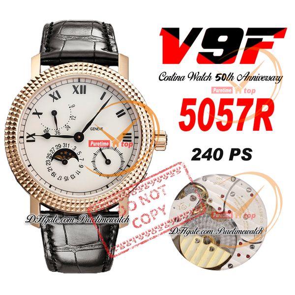 V9F Calatrava 5057R PP30-255 Automatik-Herrenuhr zum 50-jährigen Jubiläum, Roségold, weißes Zifferblatt, Mondphase, Gangreserve, schwarzes Lederarmband, Super Edition Puretime C3