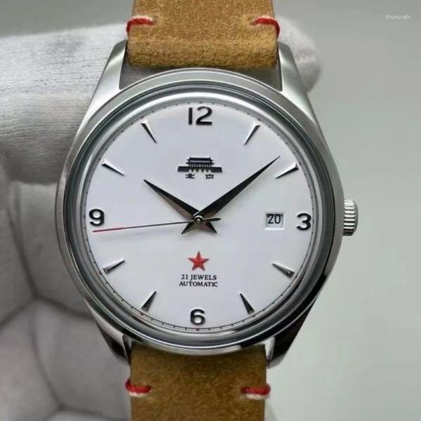 Bilek saatleri Pekin İzle Vintage Minimalist Dial Safir Moda İş Bauhaus Red Star 21Jewels Erkekler İçin Otomatik Mekanik