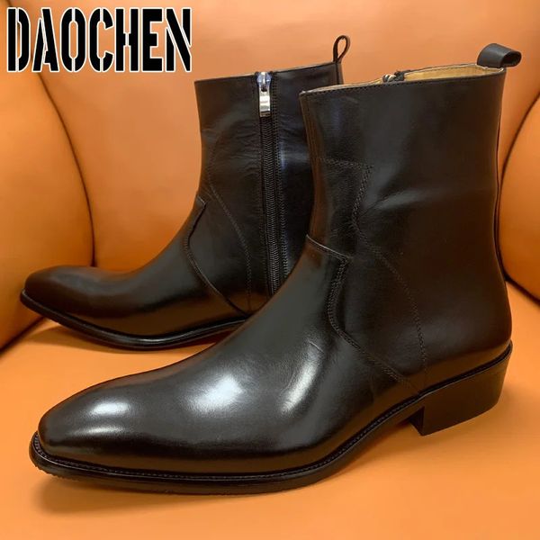 Stiefel Luxus Marke Chelsea Stiefel Hochwertige Männer Waden Stiefel Slip On Zipper Casual Männer Kleid Schuhe Weiß Schwarz Leder Stiefel männer 231216