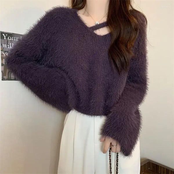 Kadın Sweaters Sonbahar Kış Kıyısı Kıyafet Kız Katı Örme Uzun Kollu Sweater İmitasyon Mink Bandage Seksi